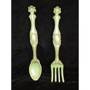Vintage Green Ceramic Spoon & Fork Wall Decor Set With Ornate Details